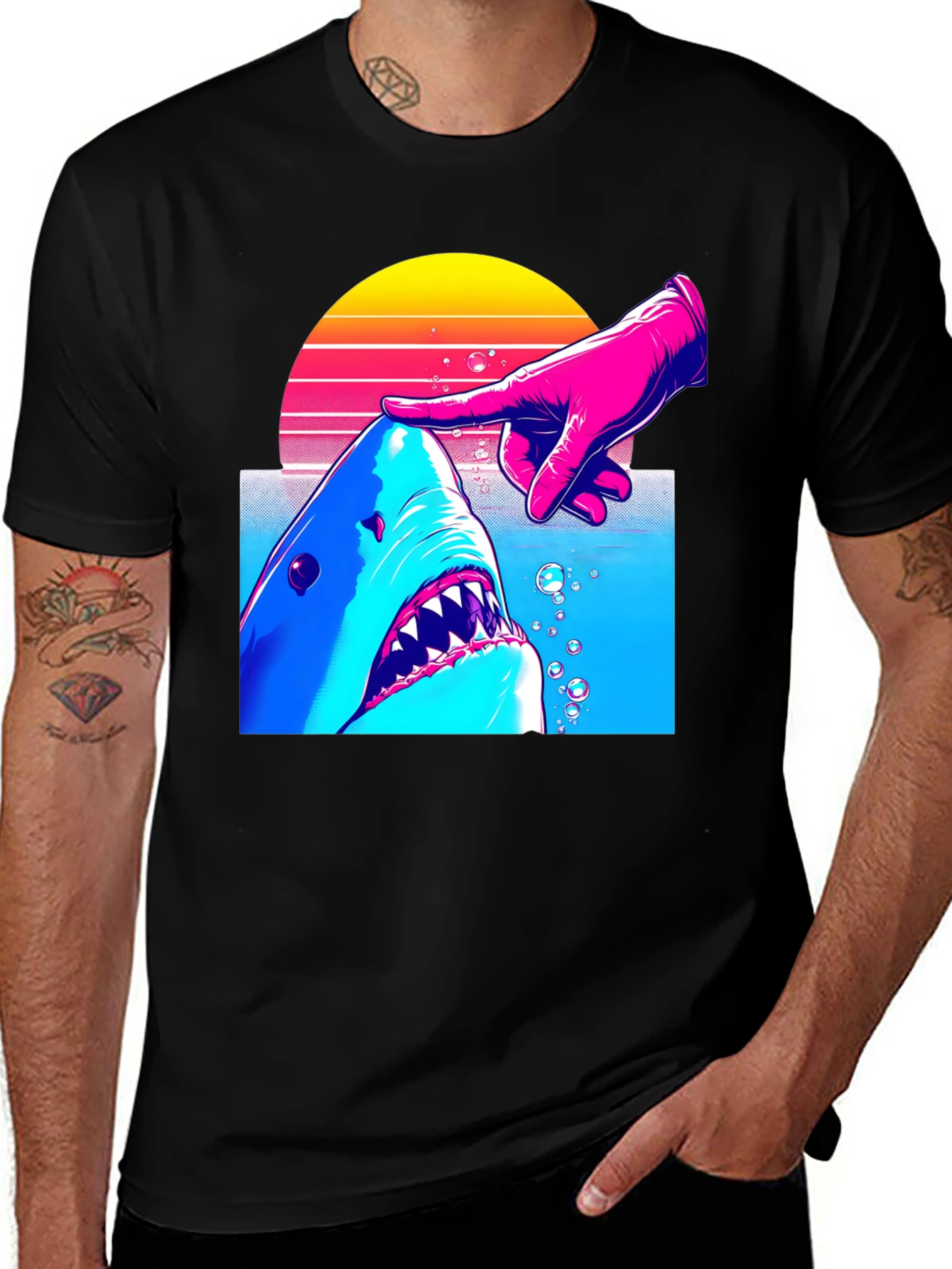 Shark and Finger Graphic Tee - Retro Style