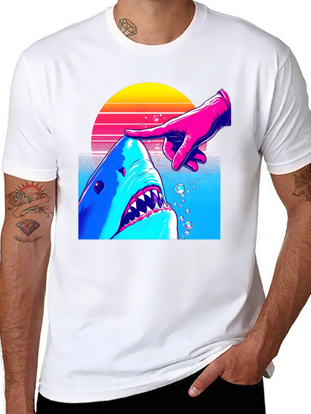 Shark and Finger Graphic Tee - Retro Style