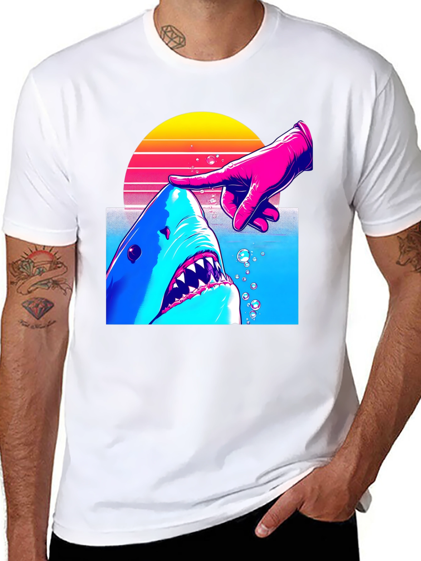 Shark and Finger Graphic Tee - Retro Style