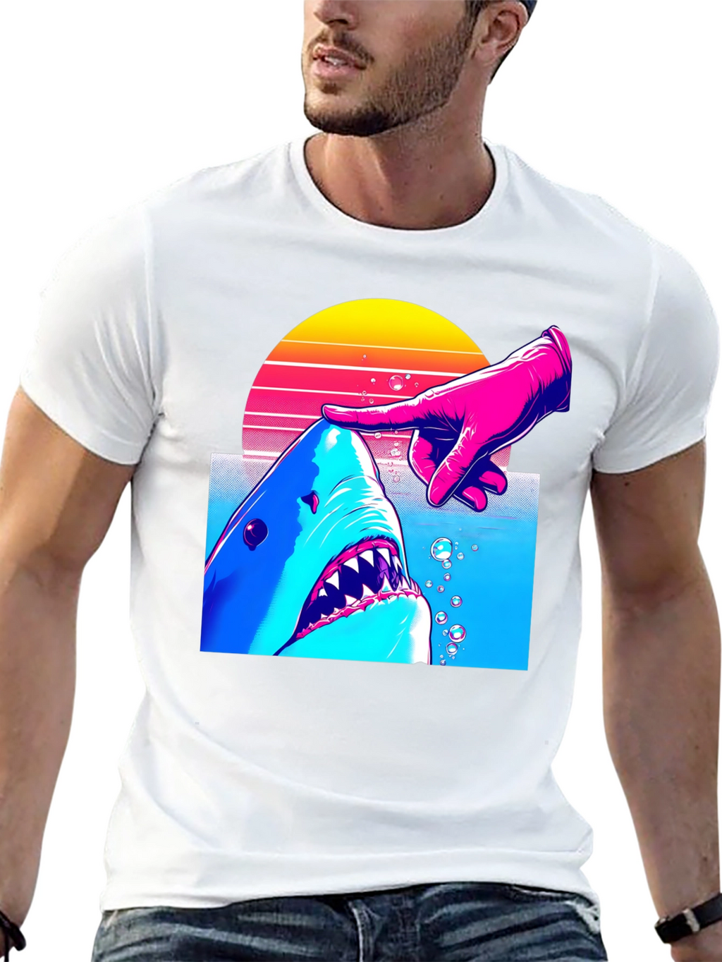 Shark and Finger Graphic Tee - Retro Style