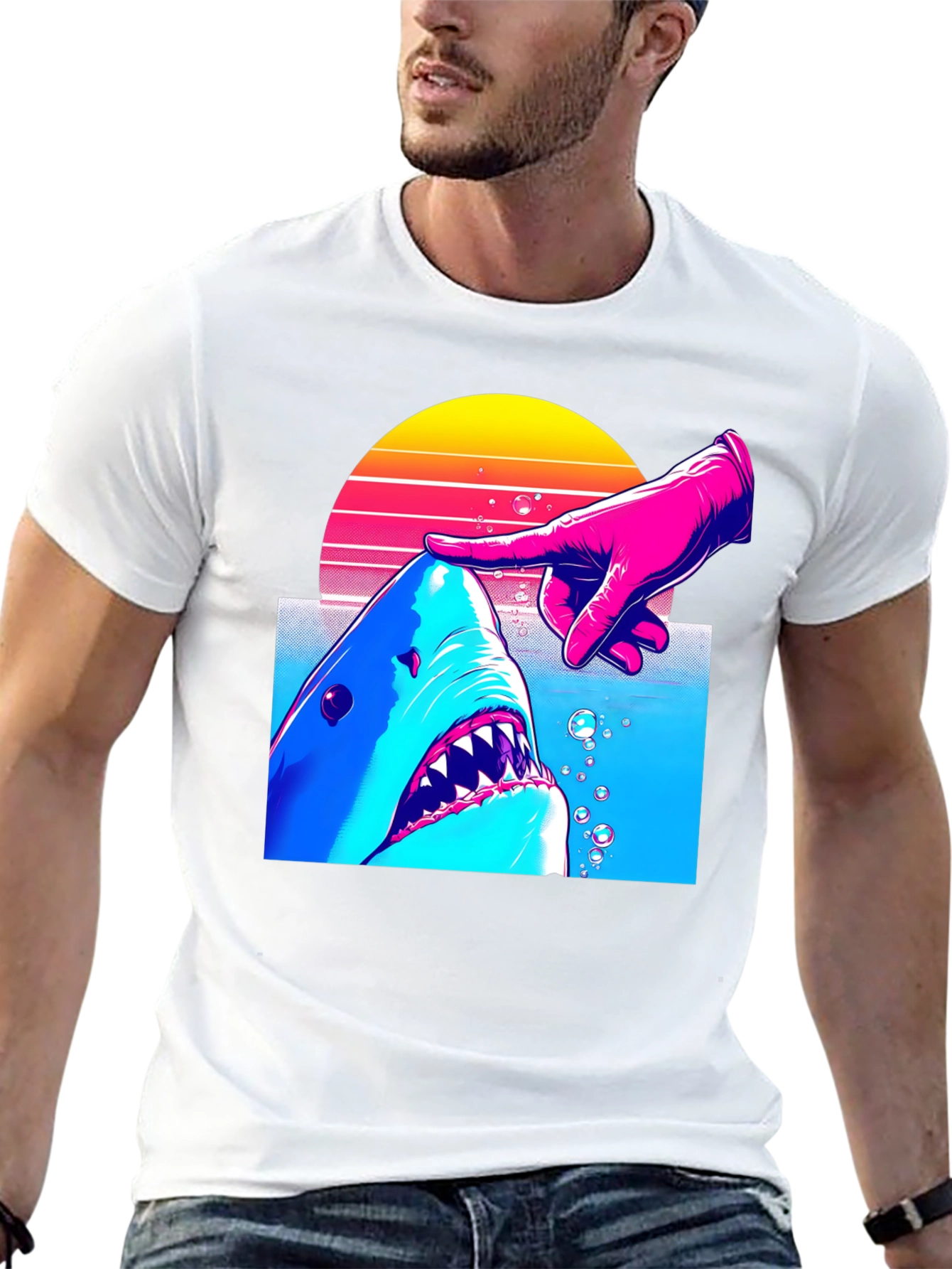 Shark and Finger Graphic Tee - Retro Style