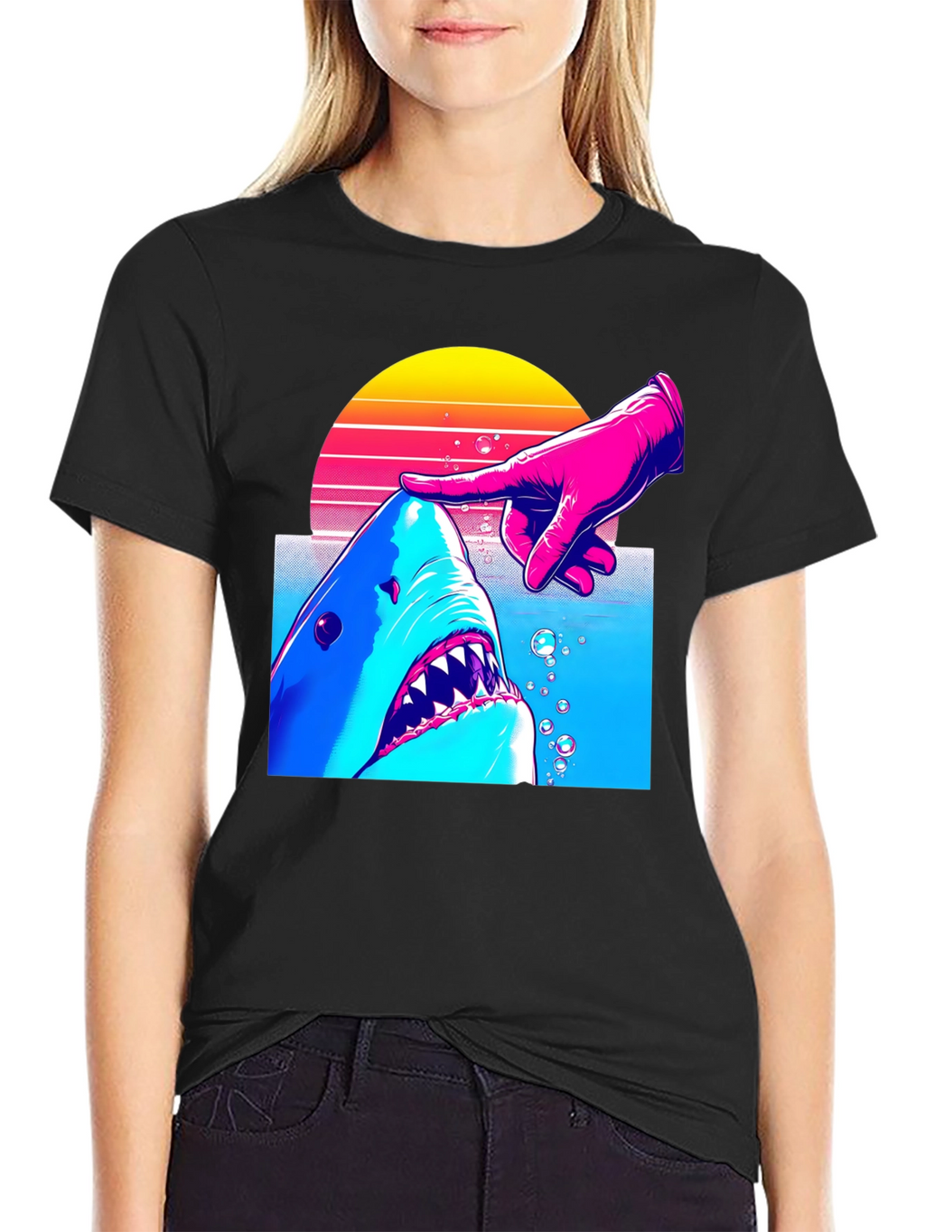 Shark and Finger Graphic Tee - Retro Style