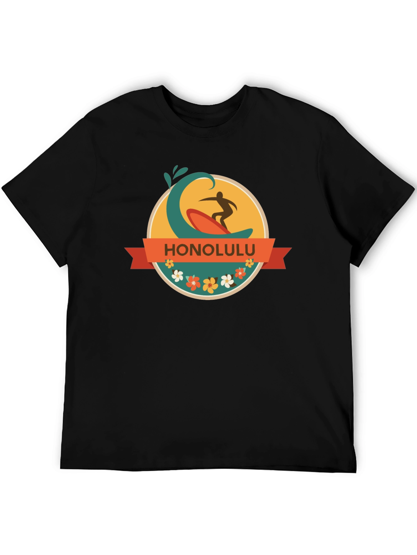 Honolulu Surfer Wave Graphic Tee - Black