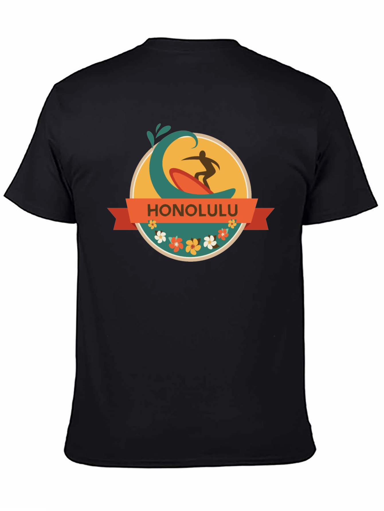 Honolulu Surfer Wave Graphic Tee - Black