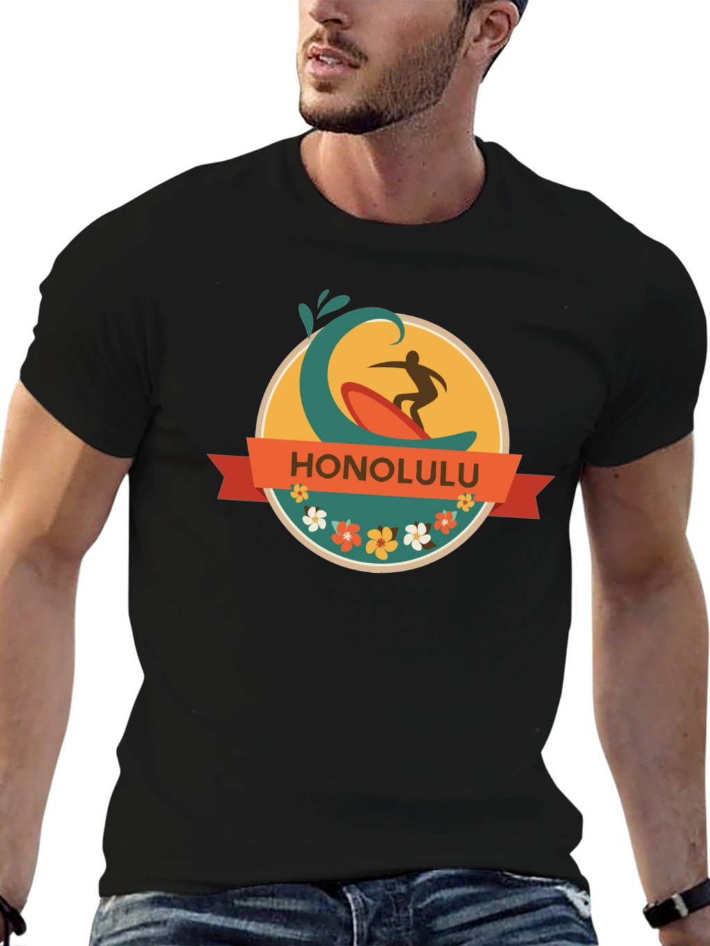 Honolulu Surfer Wave Graphic Tee - Black