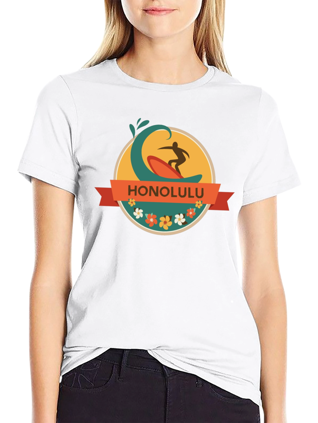 Honolulu Surfer Wave Graphic Tee - Black