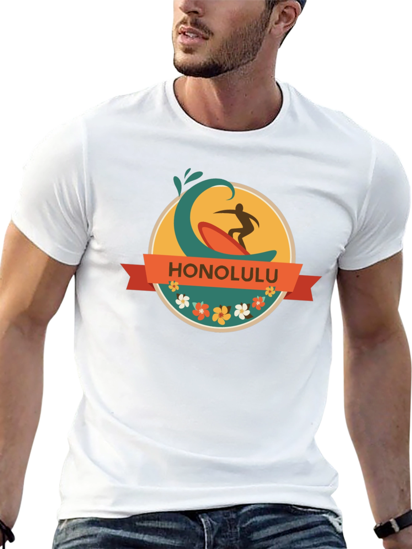 Honolulu Surfer Wave Graphic Tee - Black