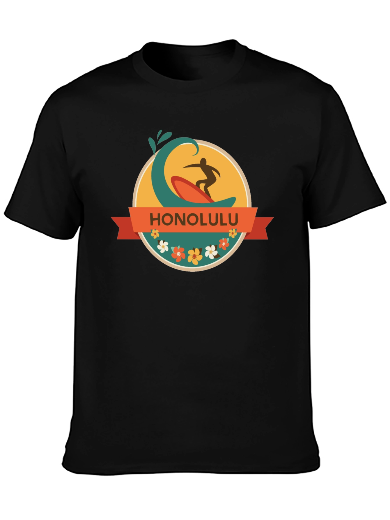 Honolulu Surfer Wave Graphic Tee - Black