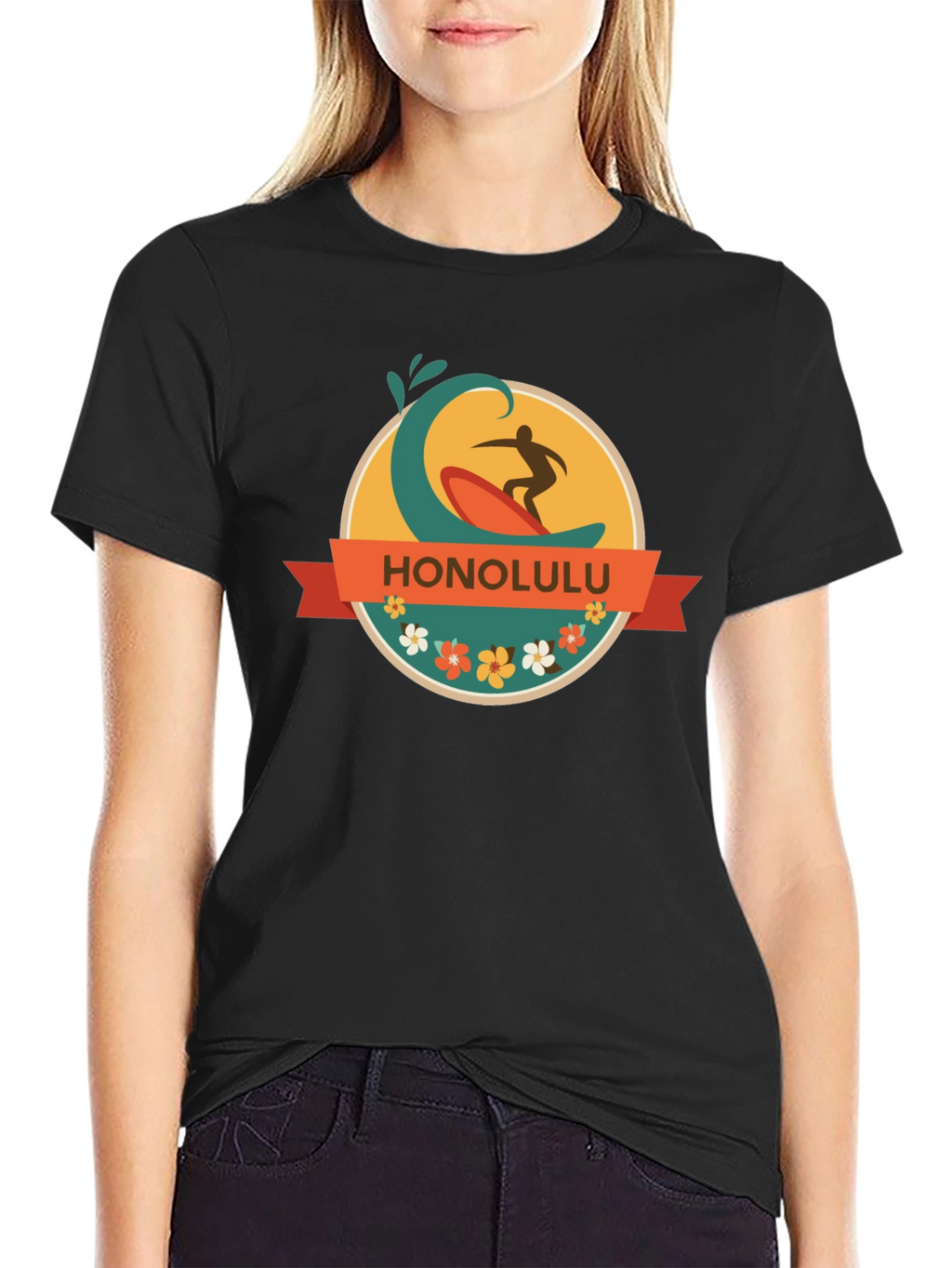 Honolulu Surfer Wave Graphic Tee - Black