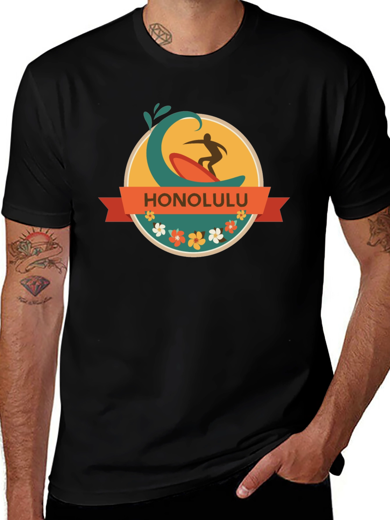 Honolulu Surfer Wave Graphic Tee - Black