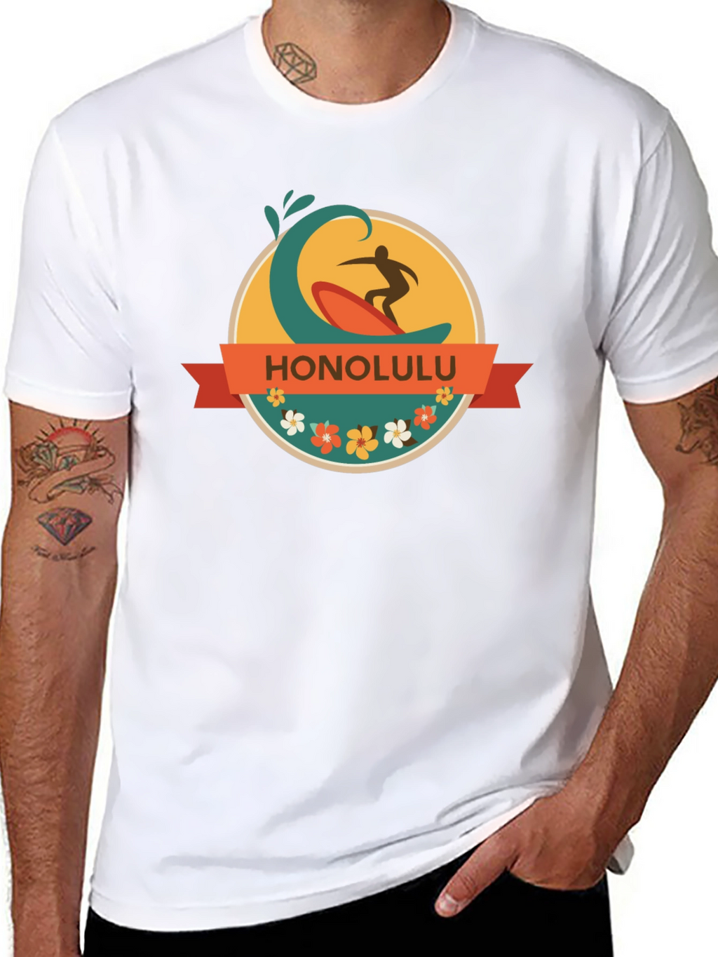 Honolulu Surfer Wave Graphic Tee - Black