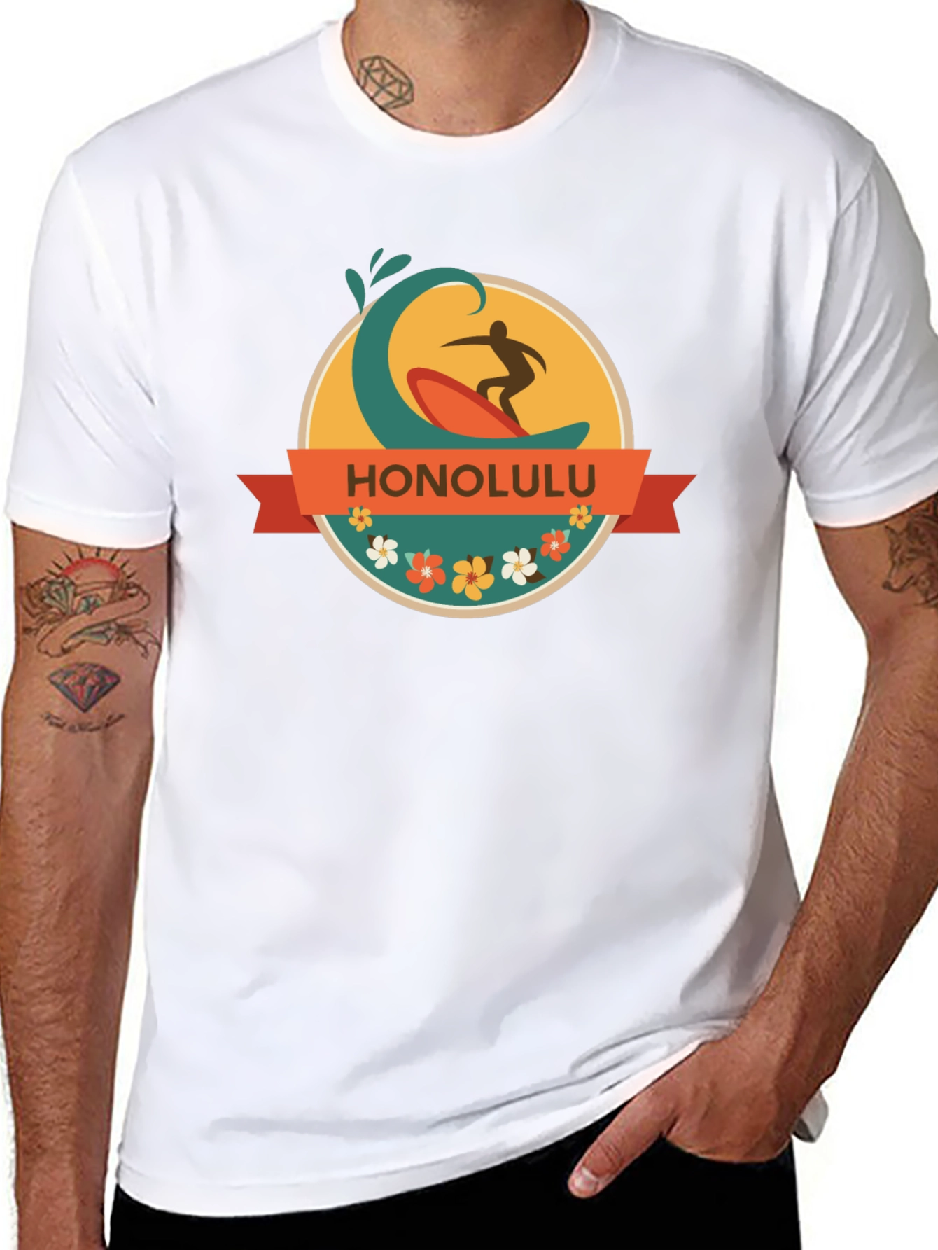 Honolulu Surfer Wave Graphic Tee - Black