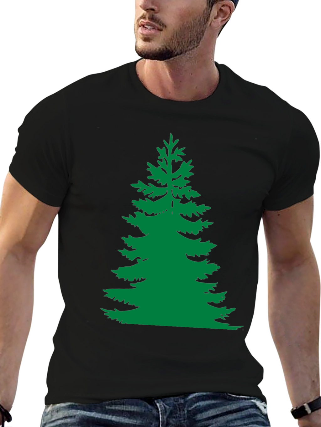 Green Pine Tree Graphic Black T-Shirt