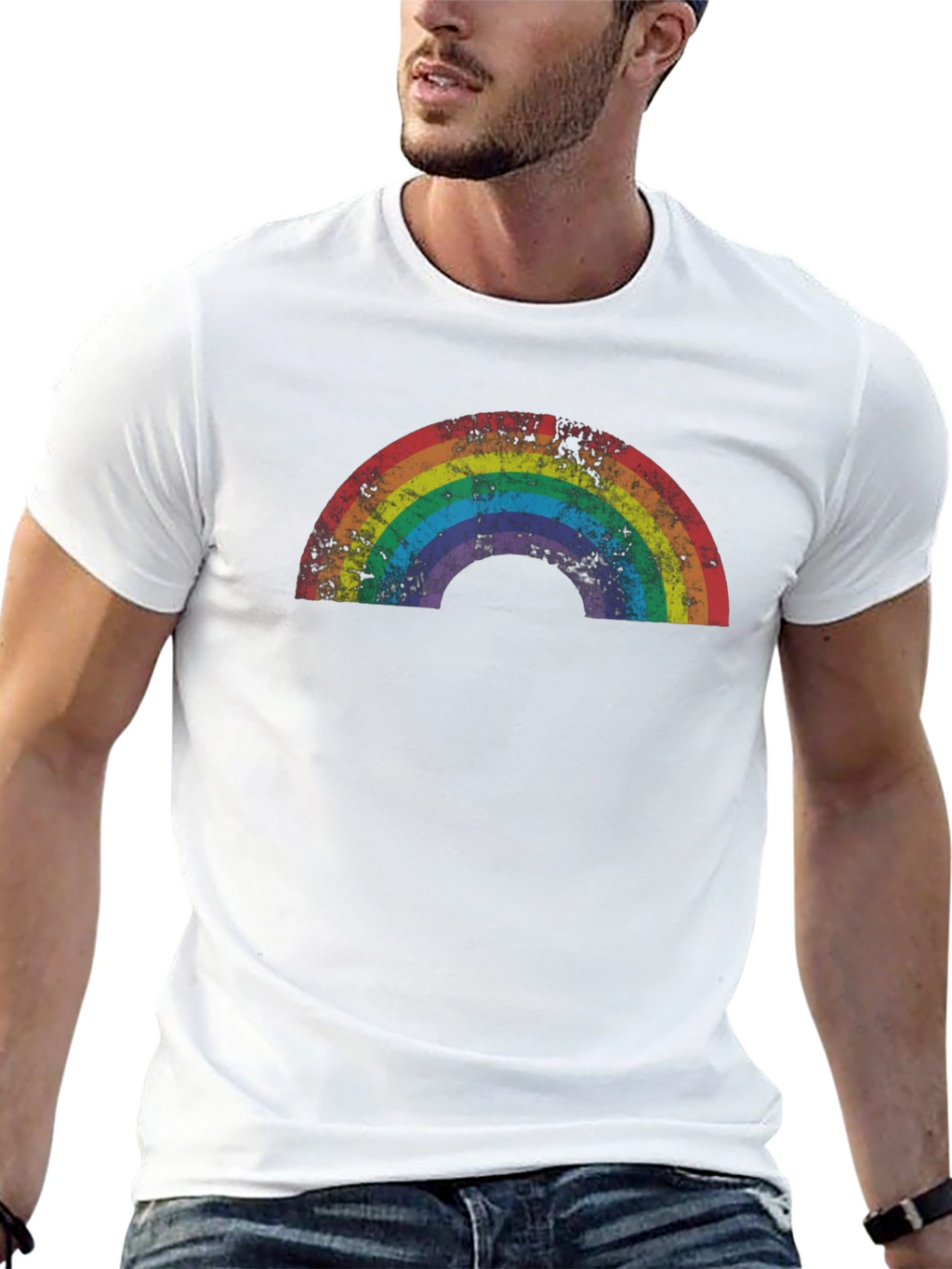 Retro Rainbow Graphic Tee - Black Cotton T-Shirt