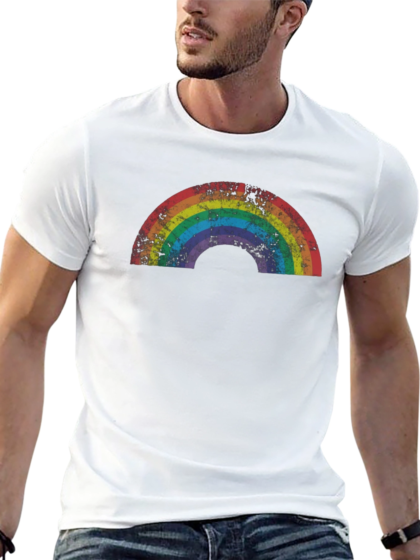 Retro Rainbow Graphic Tee - Black Cotton T-Shirt