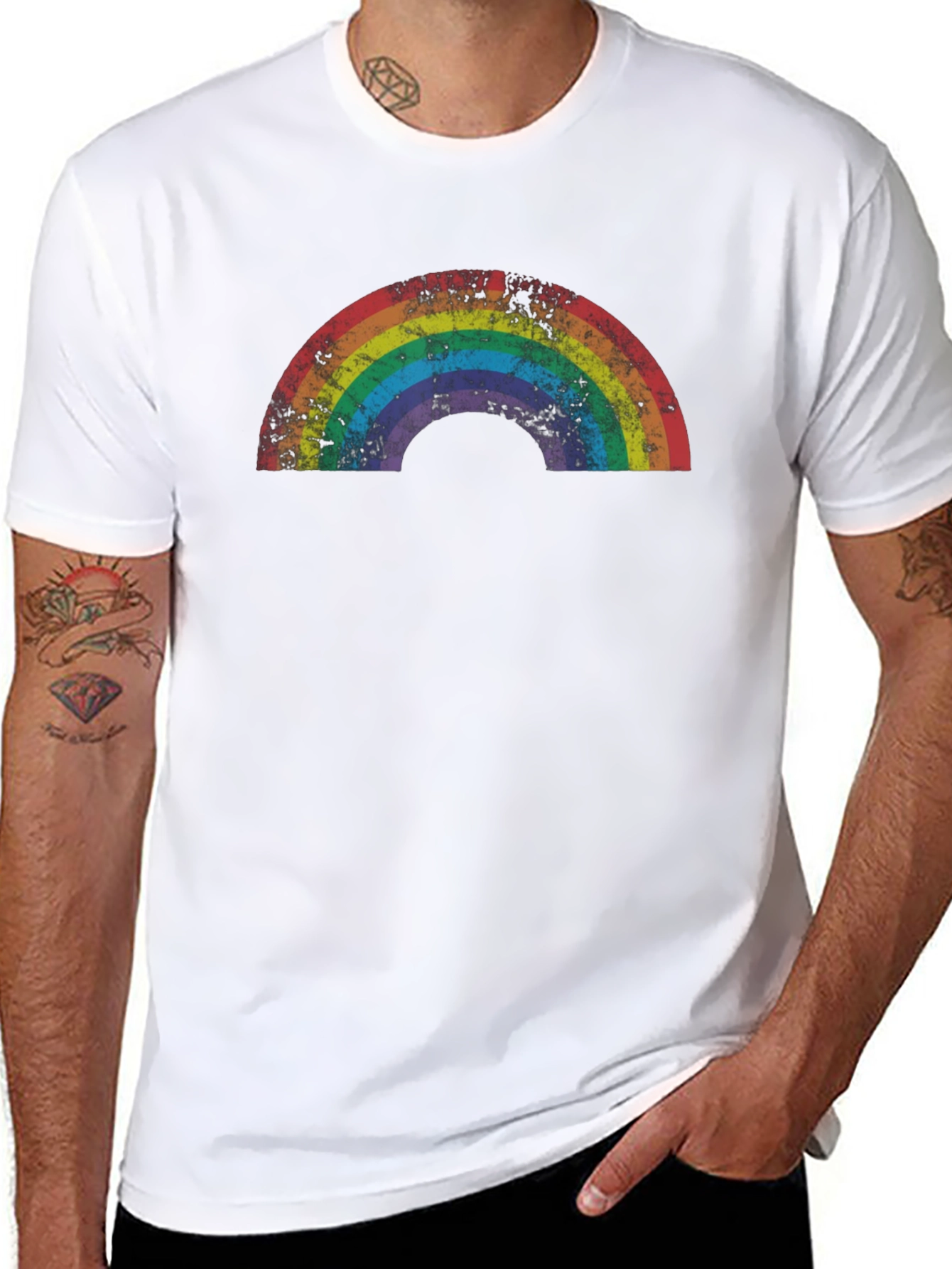 Retro Rainbow Graphic Tee - Black Cotton T-Shirt