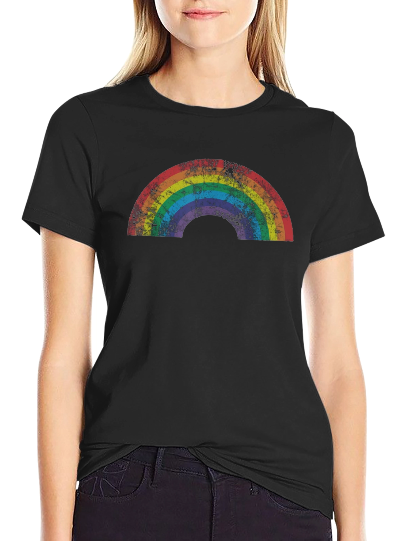 Retro Rainbow Graphic Tee - Black Cotton T-Shirt