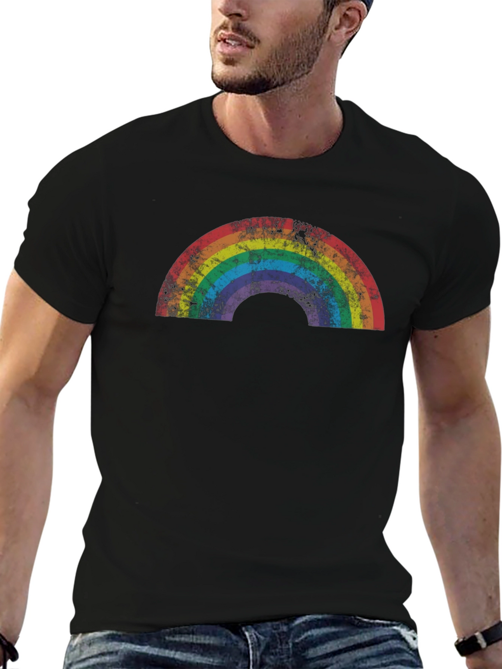Retro Rainbow Graphic Tee - Black Cotton T-Shirt