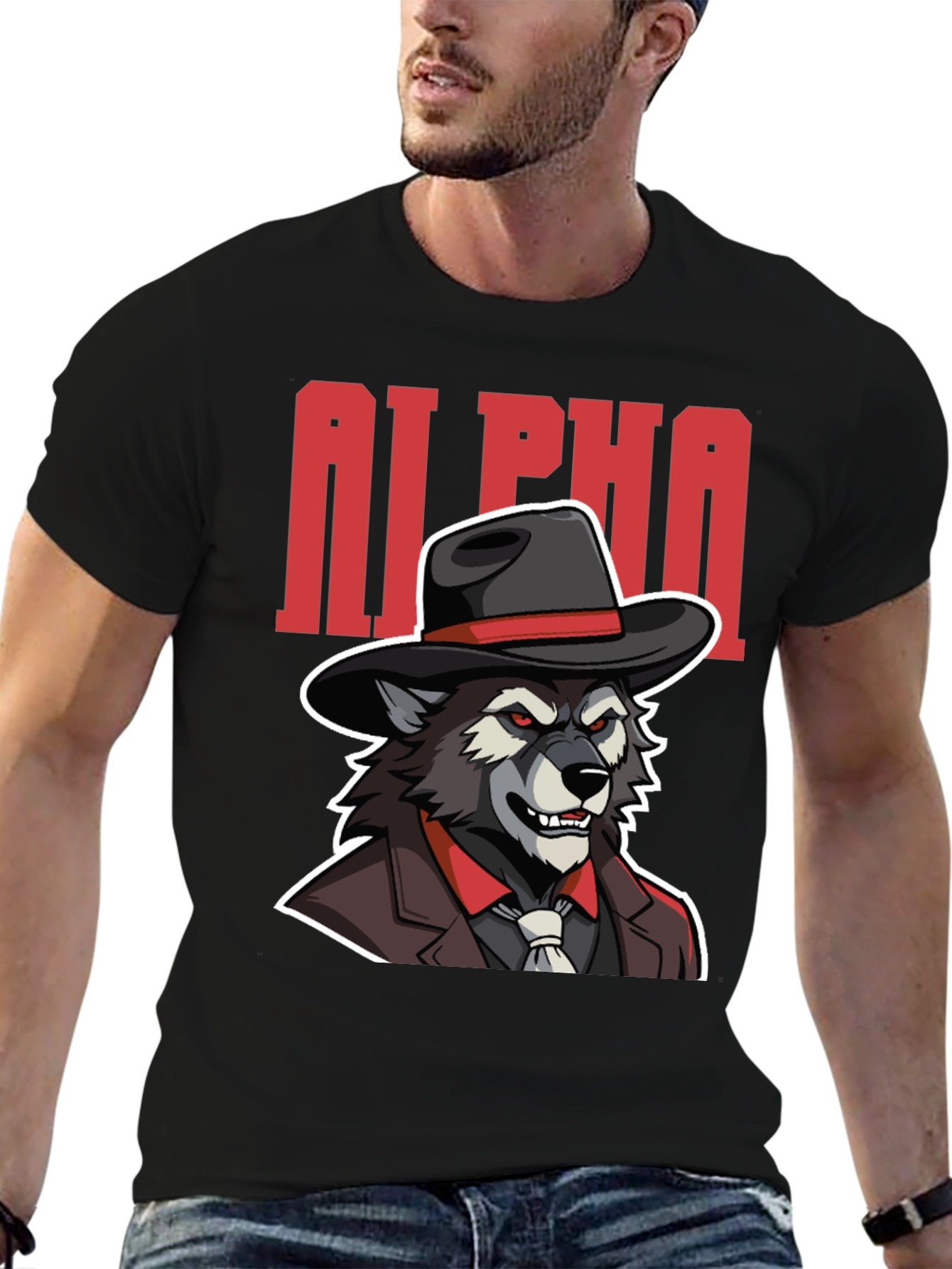 Alpha Wolf Gangster Graphic Tee - Black