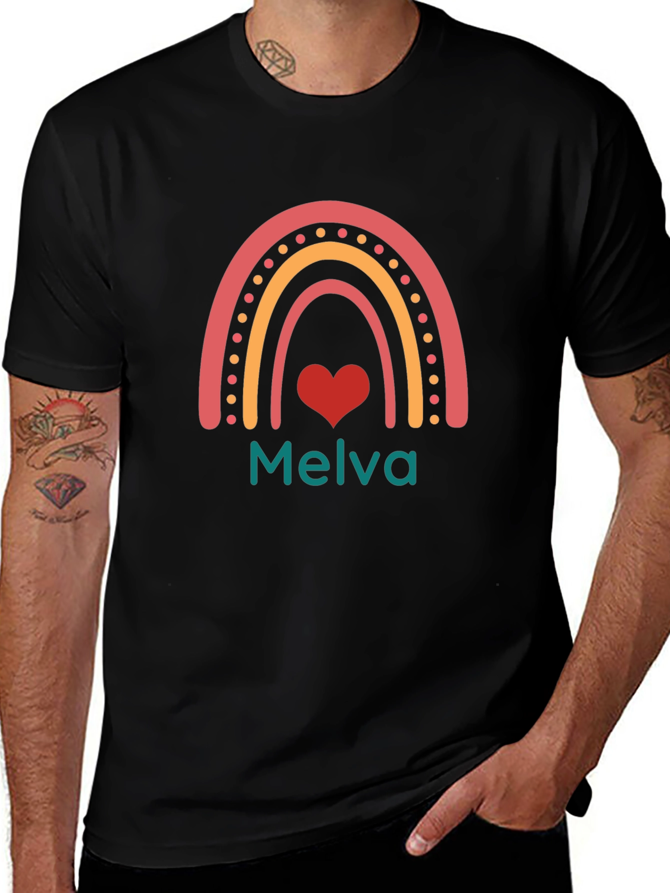 Melva Rainbow Heart Black Tee - Personalized Gift