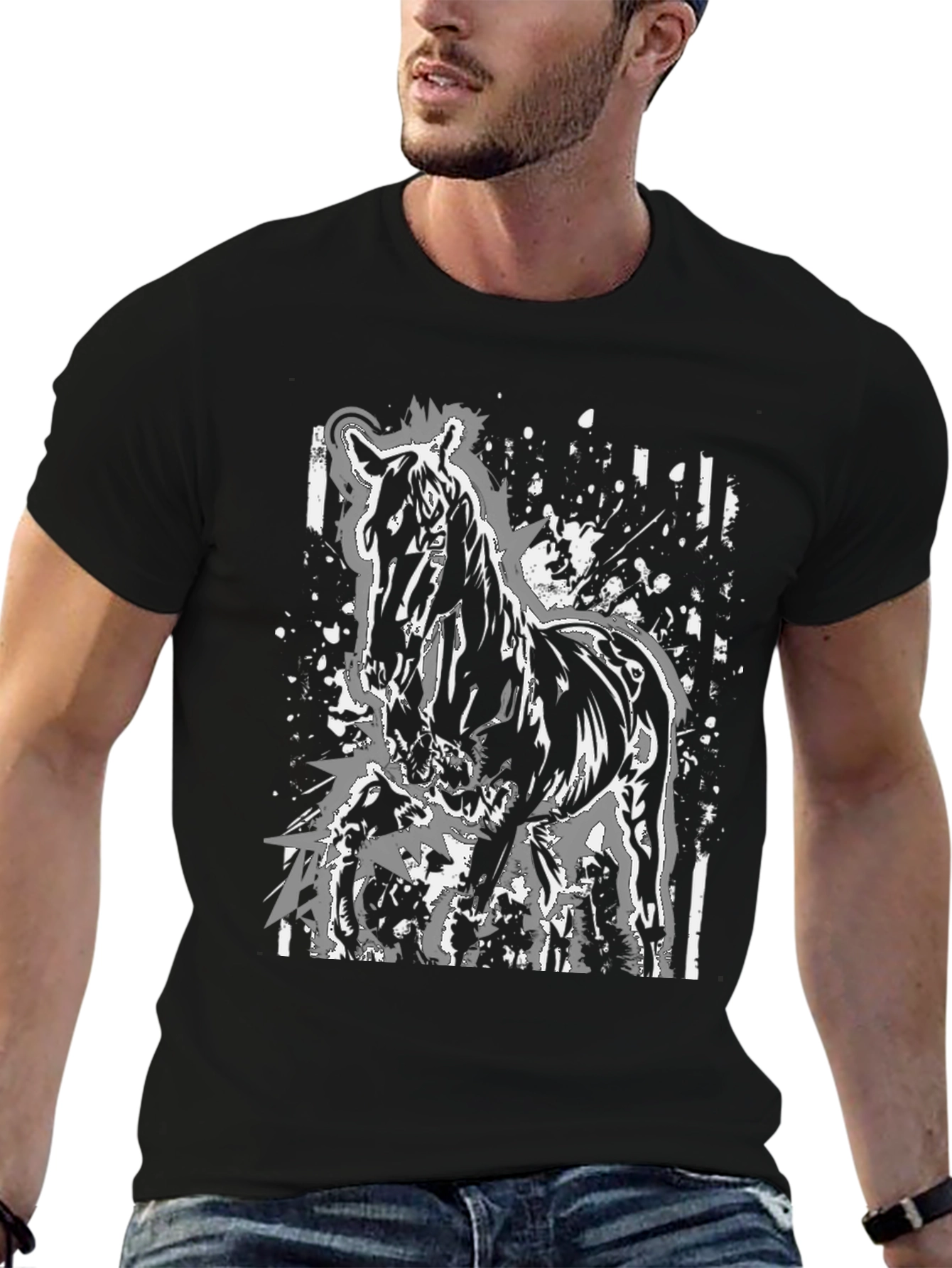 Horse Graphic Print Tee - Black Cotton Casual Shirt