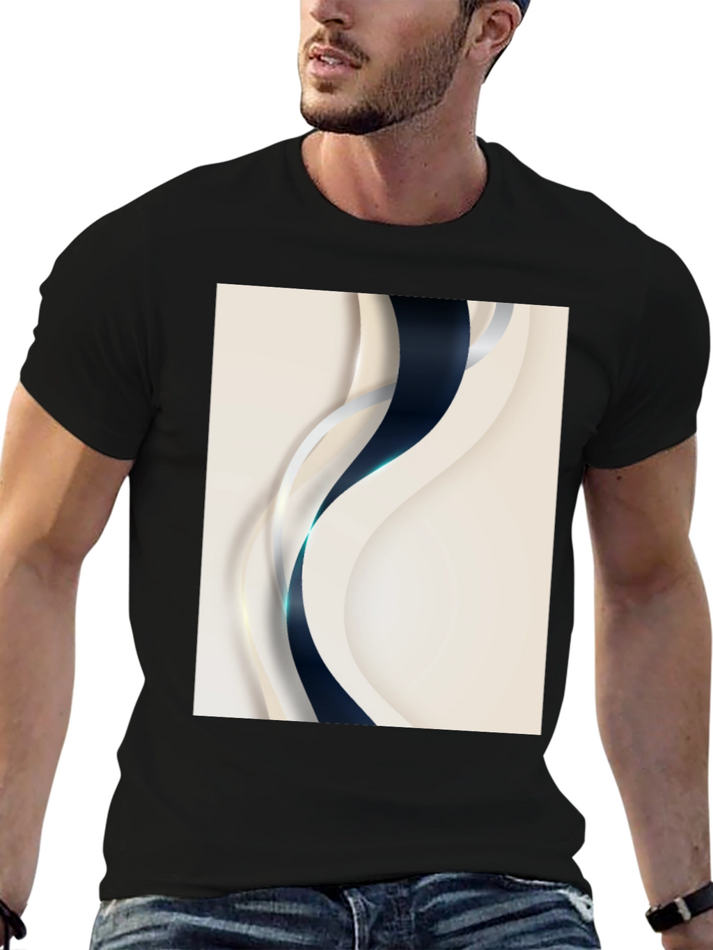 Stylish Black T-Shirt with Abstract Wave Design