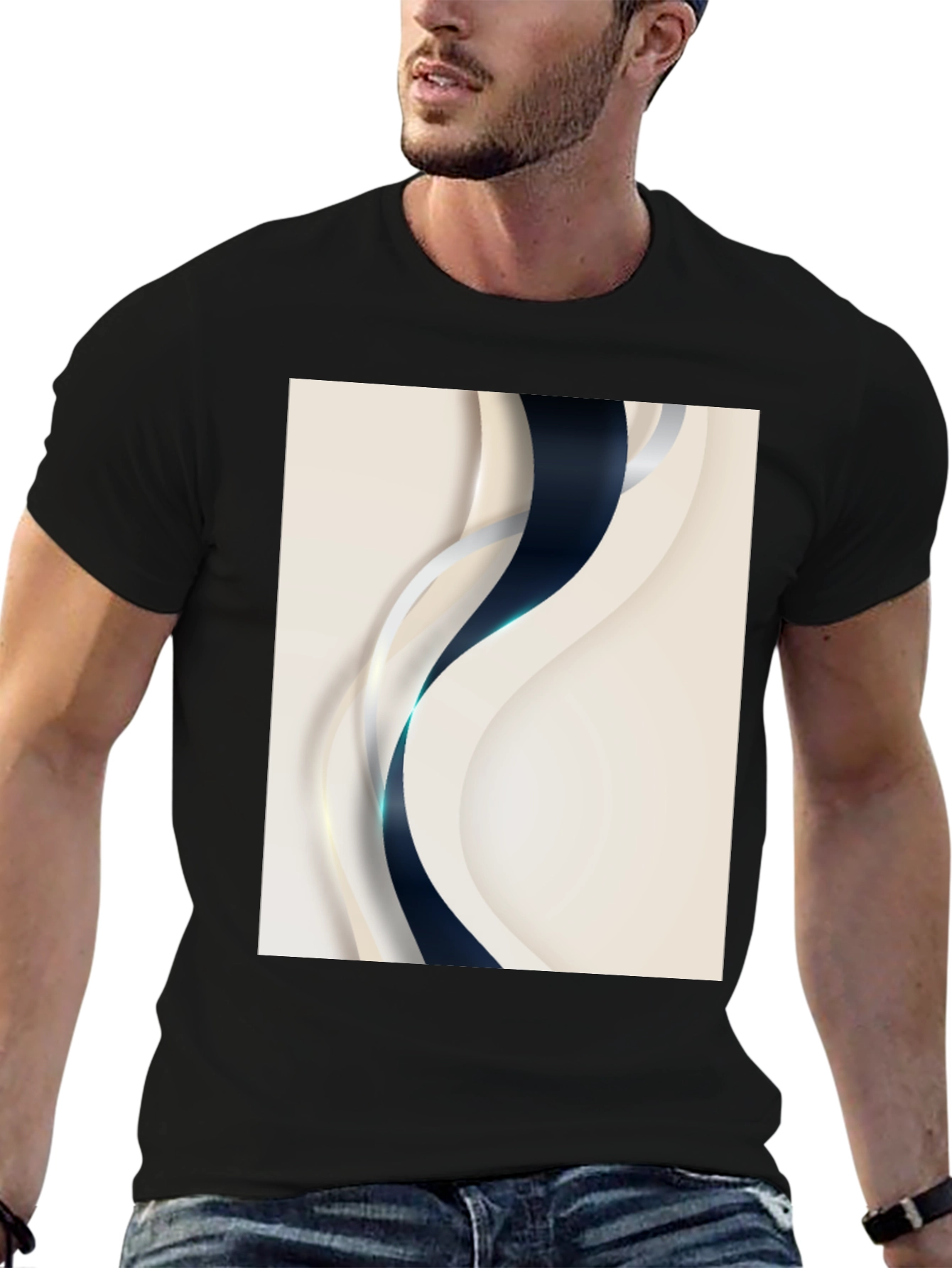 Stylish Black T-Shirt with Abstract Wave Design