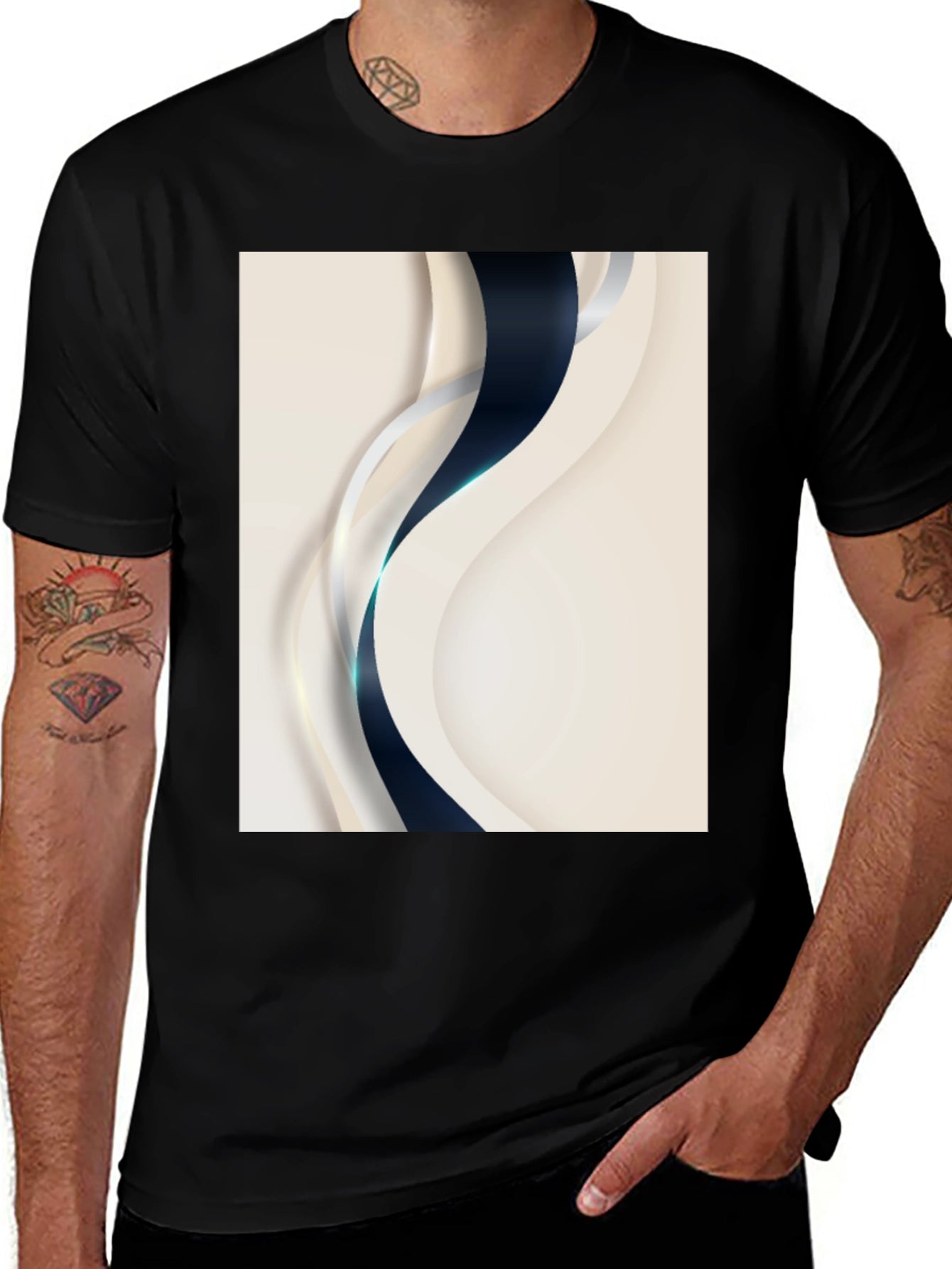Stylish Black T-Shirt with Abstract Wave Design