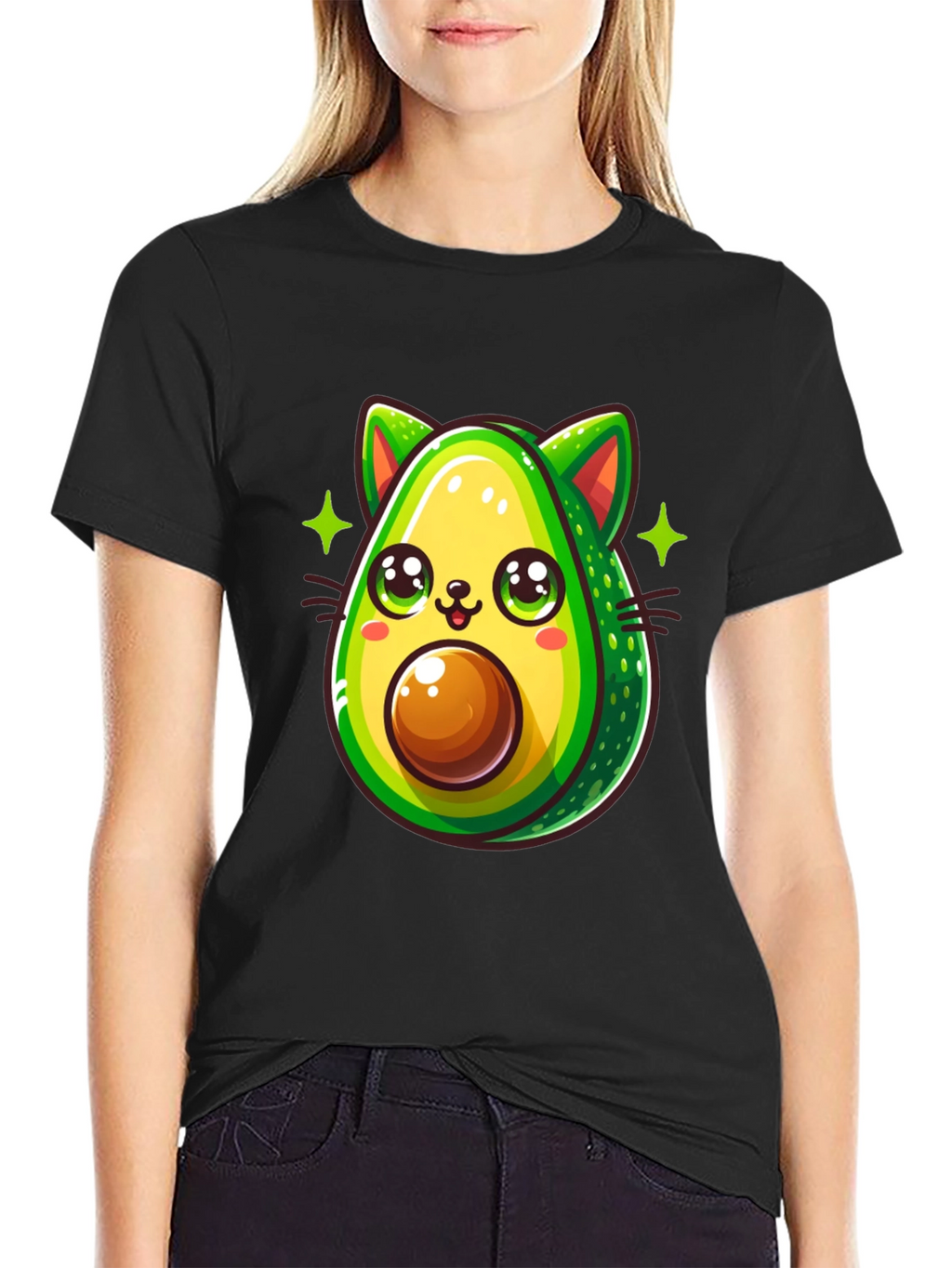 Avocado Cat Graphic Tee - Unisex Black T-Shirt