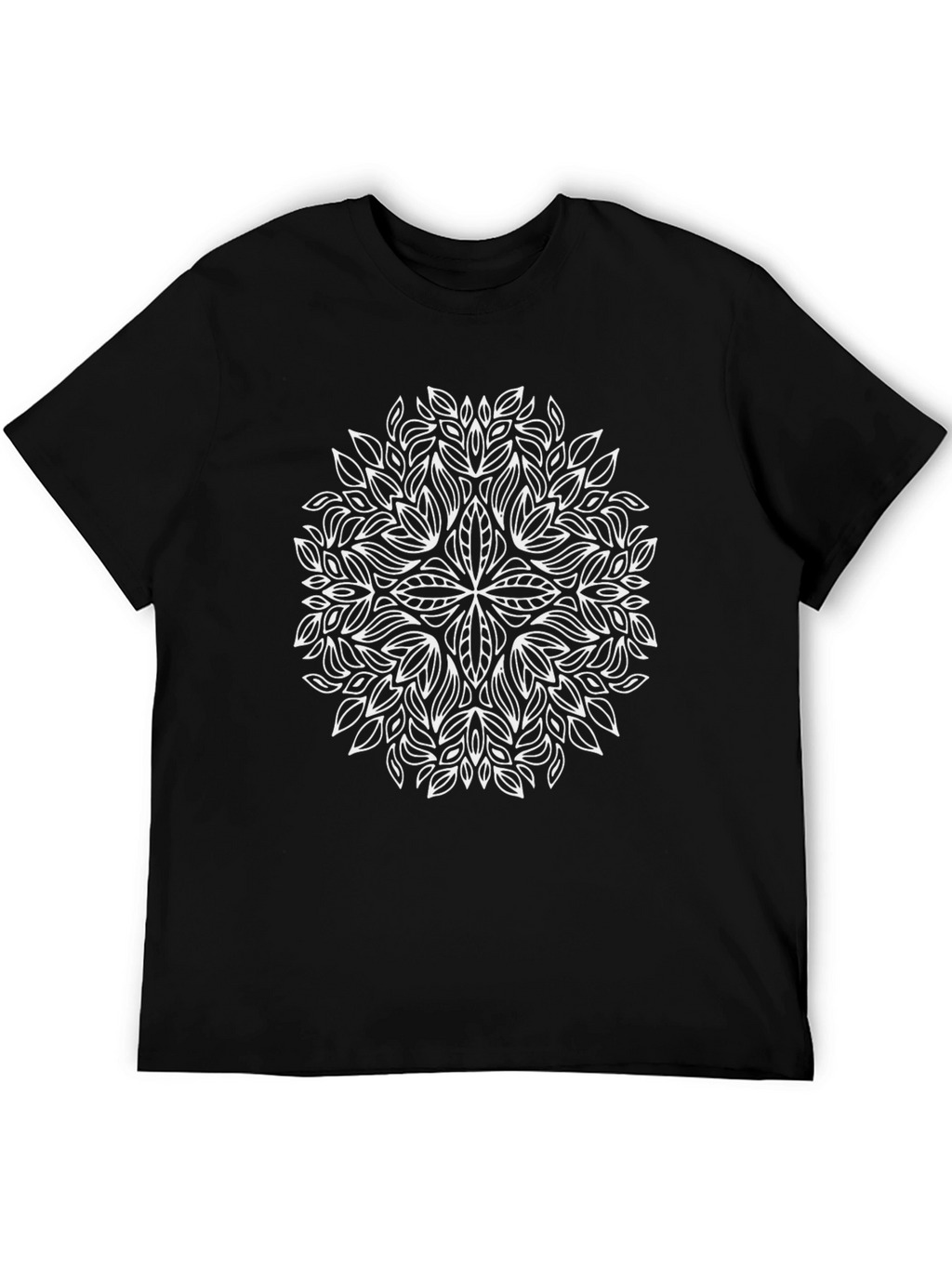 Black Tee with White Leaf Mandala Design