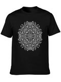 Black Tee with White Leaf Mandala Design