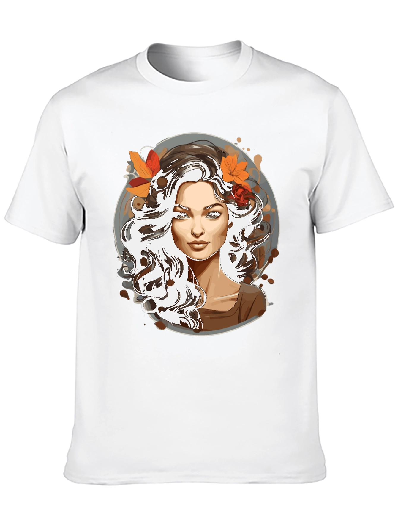 Woman with Autumn Leaves Graphic T-Shirt
