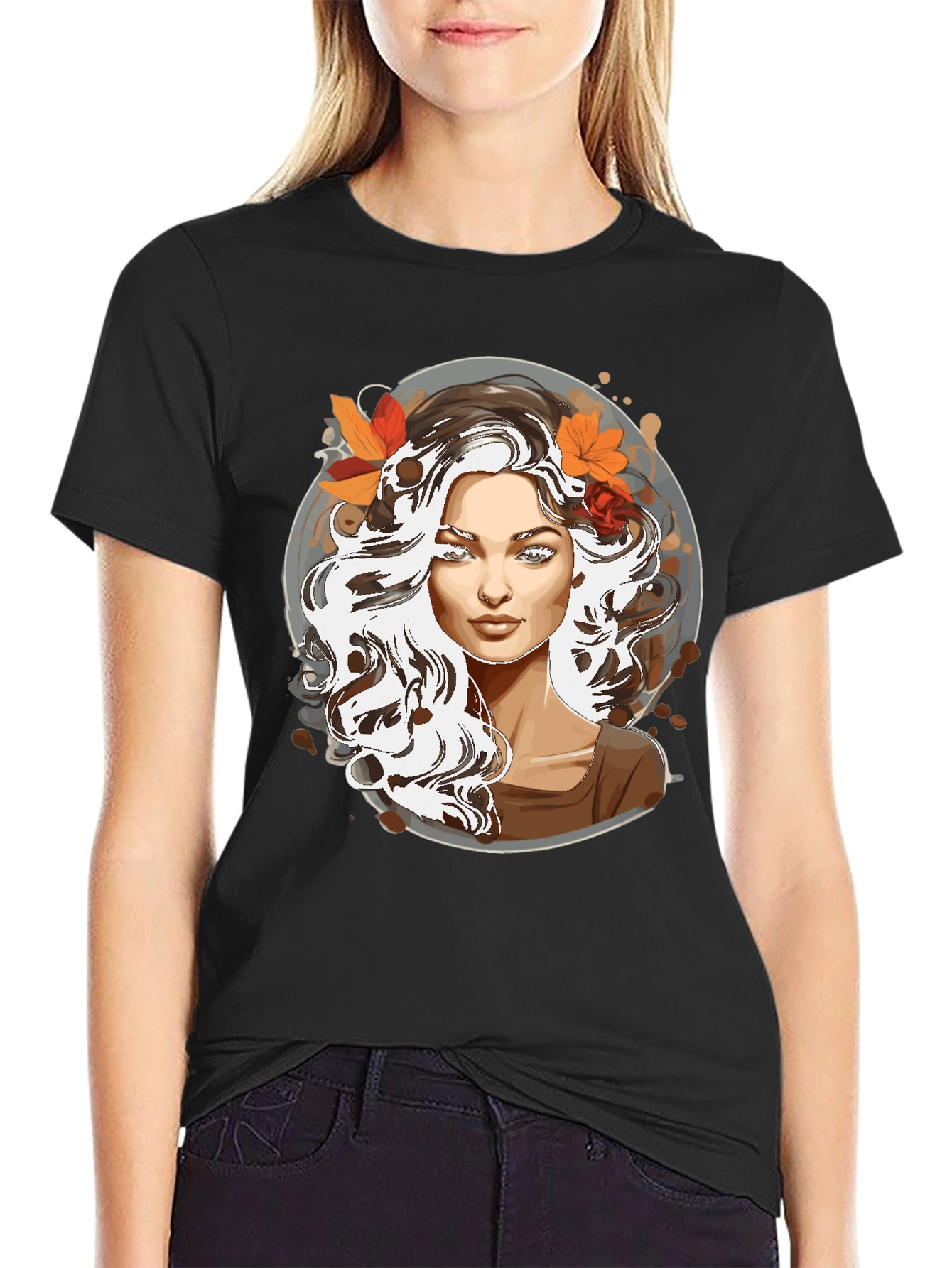 Woman with Autumn Leaves Graphic T-Shirt