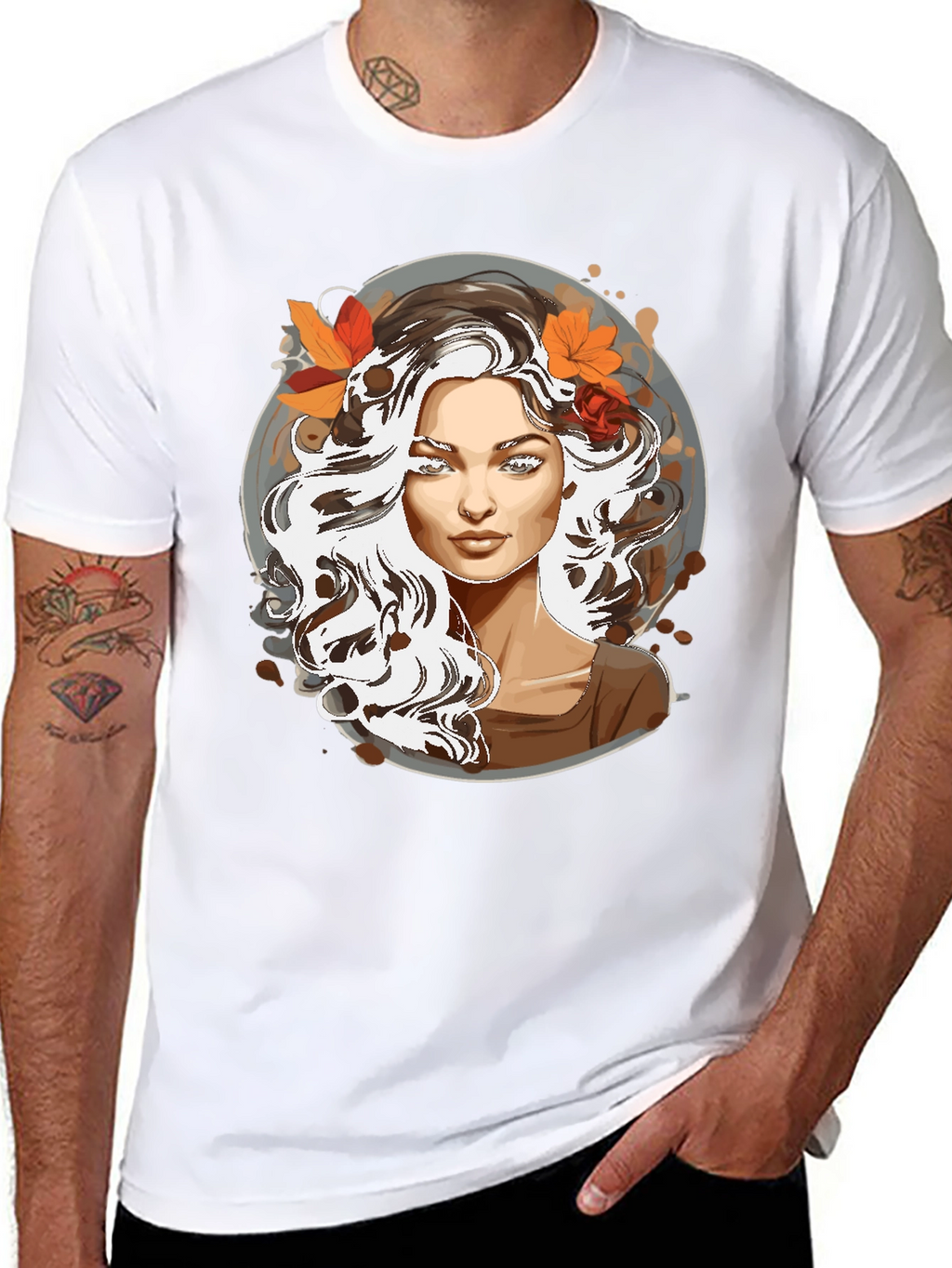 Woman with Autumn Leaves Graphic T-Shirt