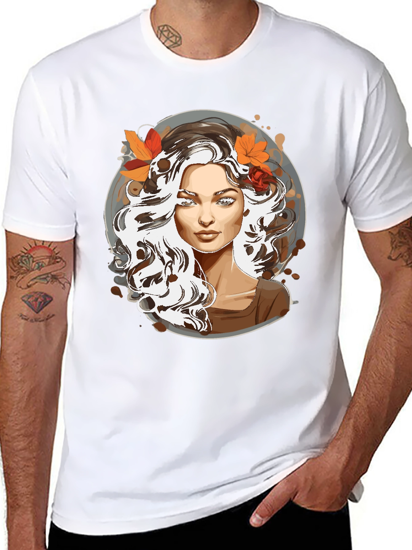 Woman with Autumn Leaves Graphic T-Shirt