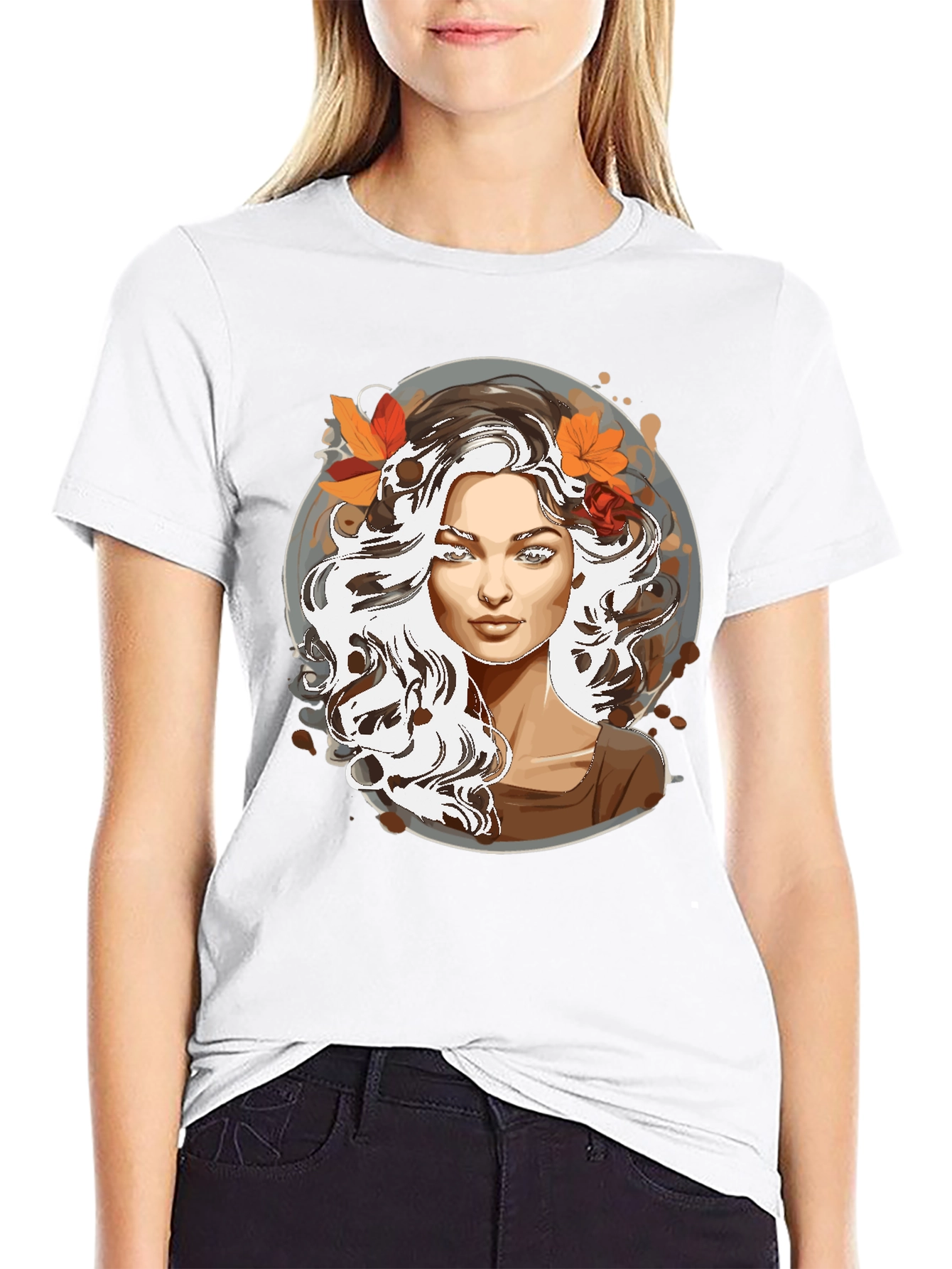 Woman with Autumn Leaves Graphic T-Shirt