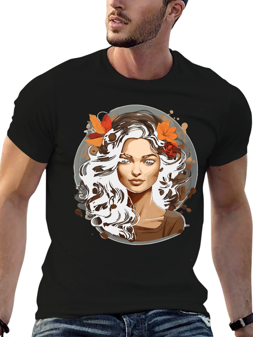 Woman with Autumn Leaves Graphic T-Shirt