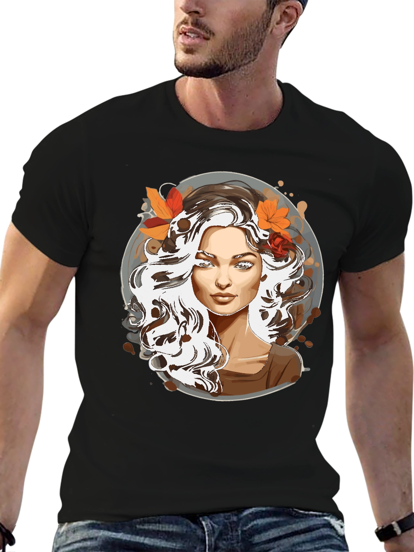 Woman with Autumn Leaves Graphic T-Shirt