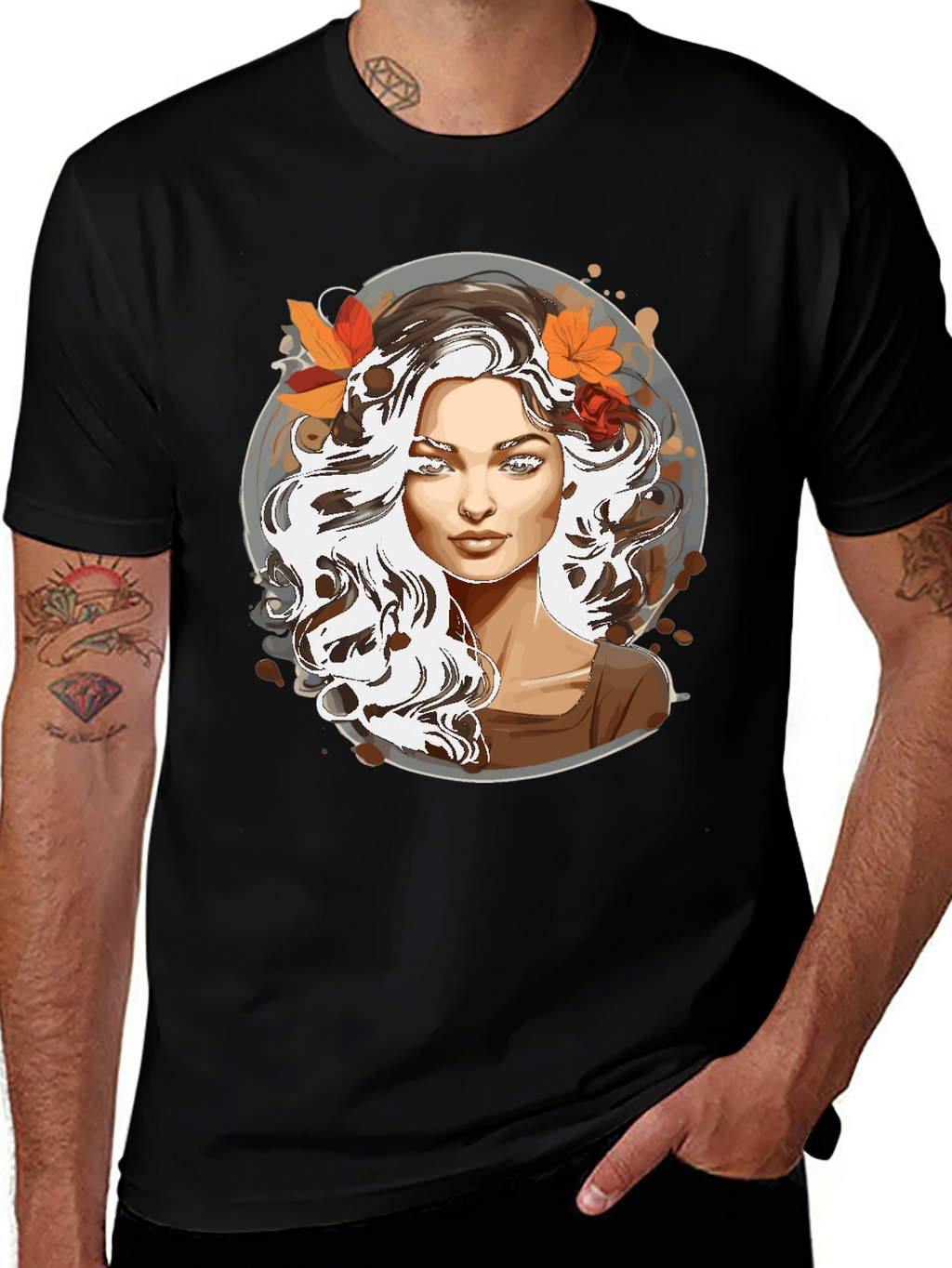 Woman with Autumn Leaves Graphic T-Shirt