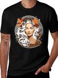 Woman with Autumn Leaves Graphic T-Shirt