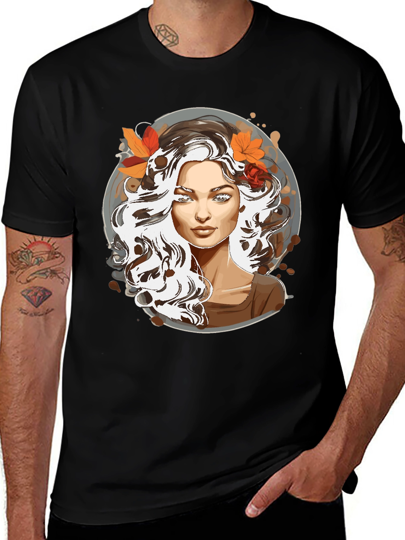 Woman with Autumn Leaves Graphic T-Shirt