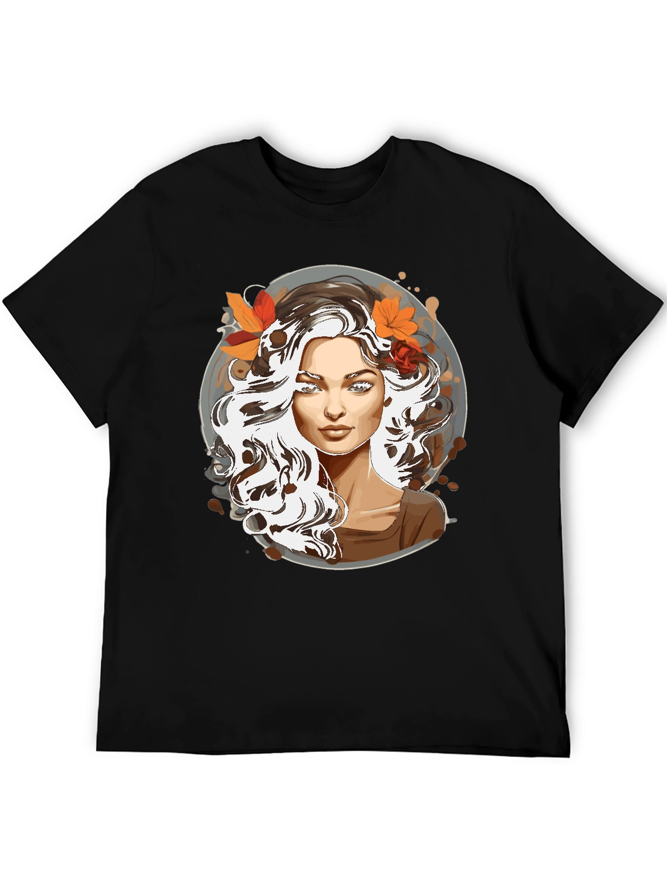Woman with Autumn Leaves Graphic T-Shirt