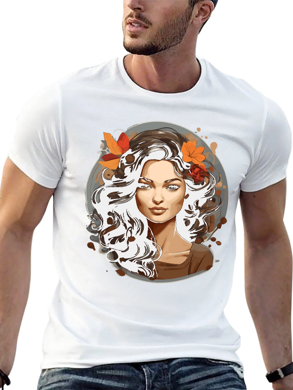 Woman with Autumn Leaves Graphic T-Shirt