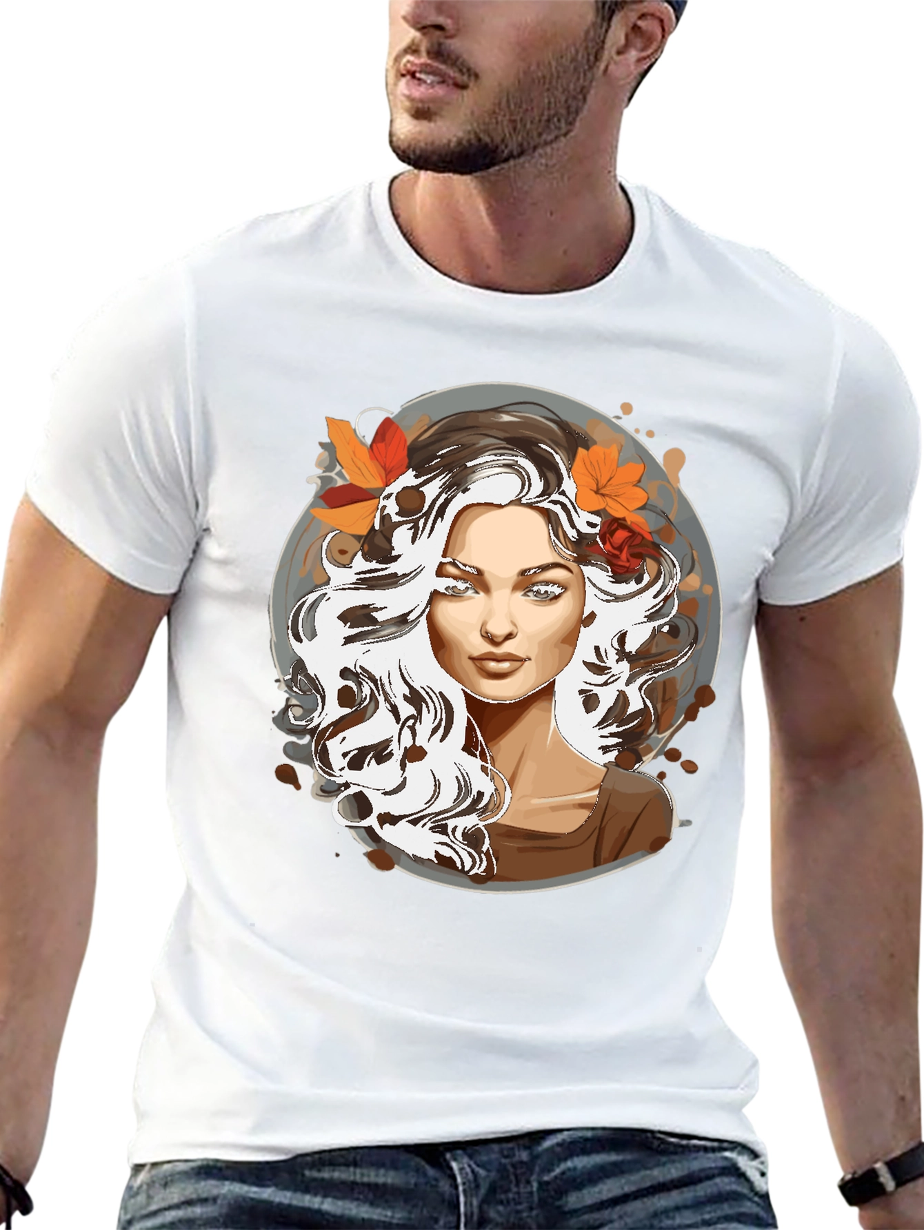Woman with Autumn Leaves Graphic T-Shirt