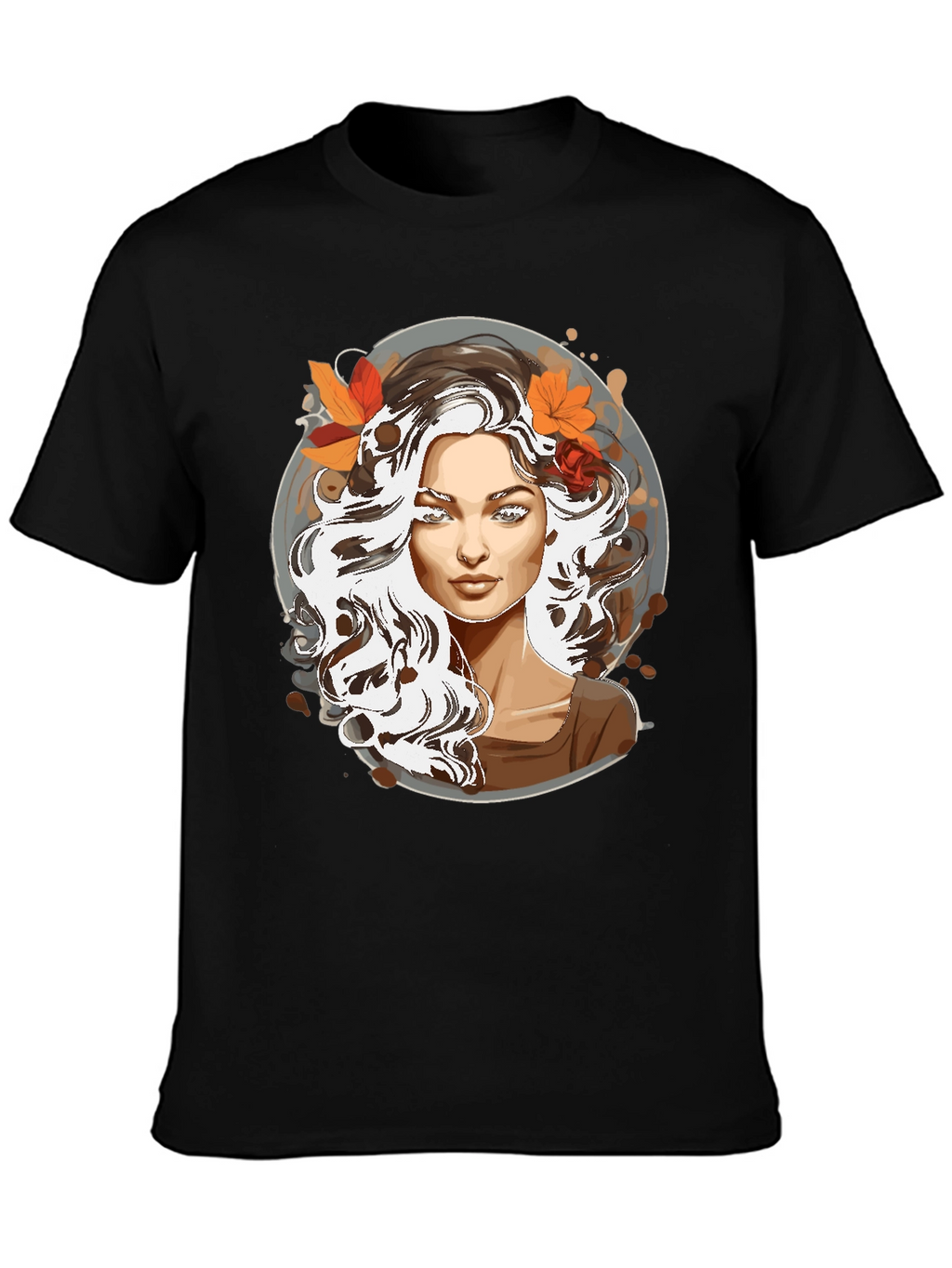 Woman with Autumn Leaves Graphic T-Shirt