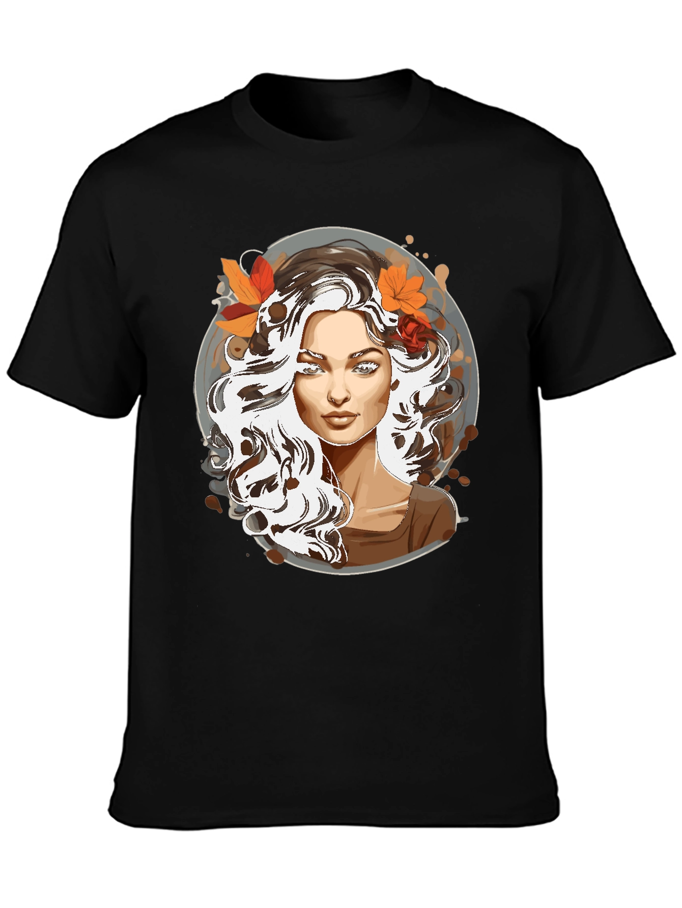 Woman with Autumn Leaves Graphic T-Shirt