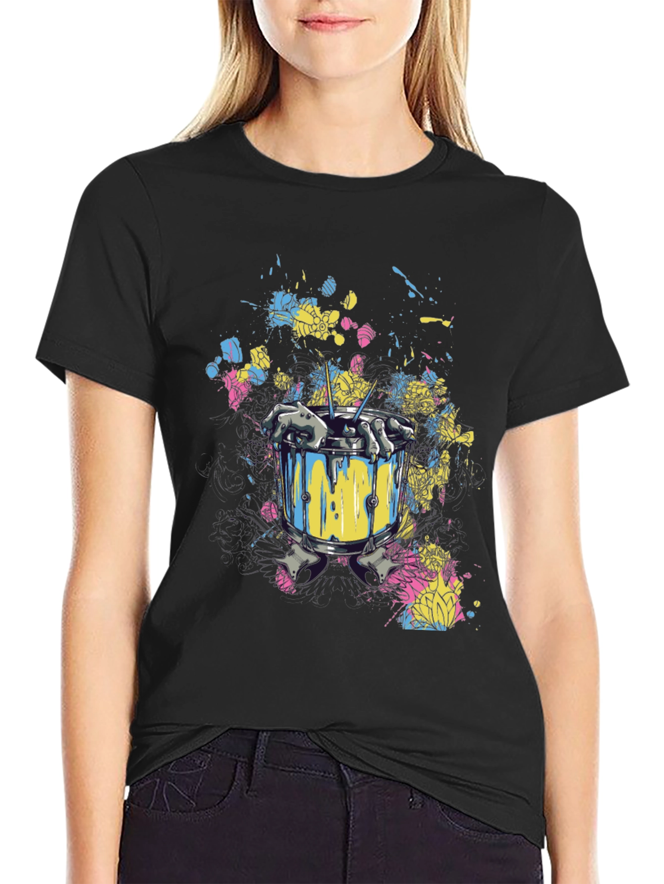 Drum Set Splatter Art Black T-Shirt