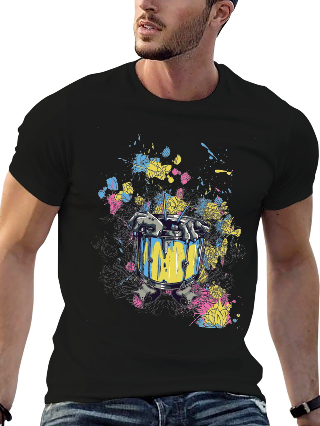 Drum Set Splatter Art Black T-Shirt