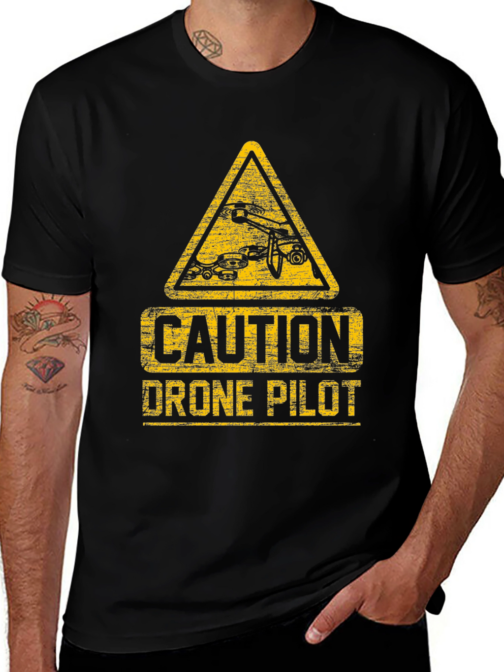 Caution Drone Pilot T-Shirt - Black Crew Neck