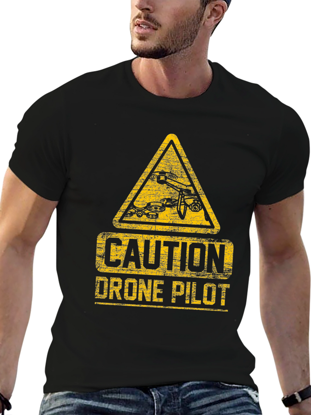 Caution Drone Pilot T-Shirt - Black Crew Neck